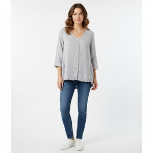 FLAX Button-Up Top Womens Large Gray Linen Cotton Long Sleeve V-Neck Lagenlook